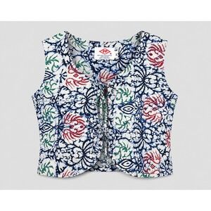 Vintage RP Singapore Batik Tie Front Vest Top Blue‎ Red Cotton Size 34 Cropped